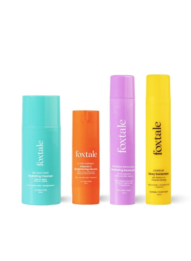 فوكستيل مجموعة فوكستيل للعناية بالبشرة الصباحية للنساء والرجال | غسول للوجه - 100 مل، سيروم فيتامين سي للوجه - 30 مل، مرطب سيراميد - 50 مل، واقي شمسي بعامل حماية 70 - 50 مل | مجموعة هدايا للعناية بالبشرة لبشرة متألقة - Image 1